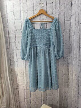 Destination Maternity Medium Baby Blue Smocked Bodice Square Neck Chiffon Dress